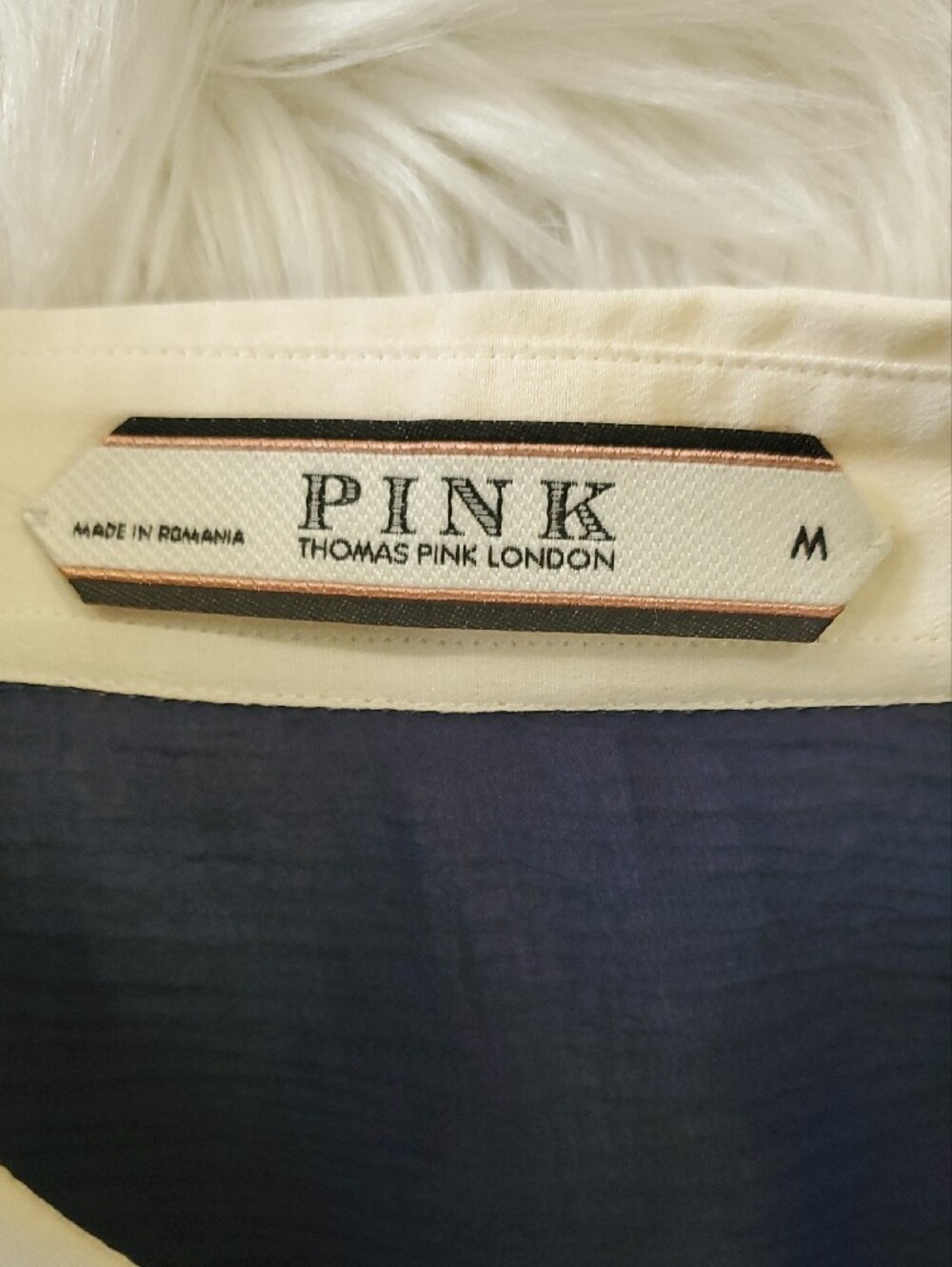 Thomas Pink Navy Sheer Dress Shirt with White Contrast Collar - Picture 12 of 17